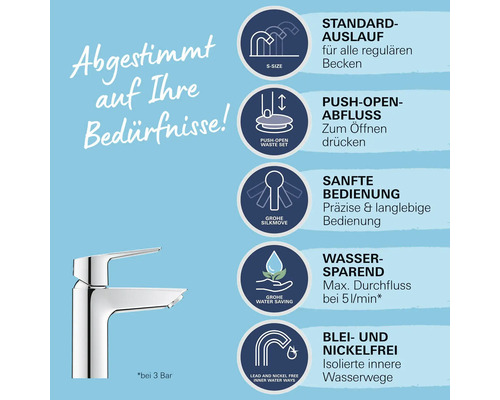 Produktinformationen zu einem Wasserhahn mit Standardauslauf, Push Open Abfluss, sanfter Bedienung, Wassersparfunktion sowie blei- und nickelfreien Wasserwegen.