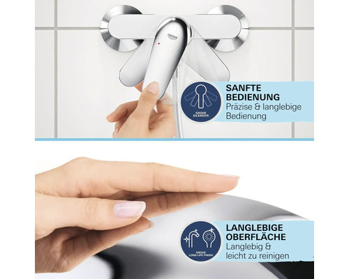 Grohe Logo, Armatur mit Grohe SilkMove Funktion für sanfte Bedienung und Grohe Long-Life Finish für eine langlebige Oberfläche