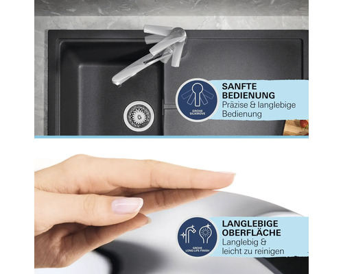 Spüle mit Armatur und den Siegeln Grohe Silkmove für sanfte Bedienung und Grohe Long-Life Finish für eine langlebige Oberfläche