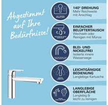Armatur mit Produktmerkmalen wie 140 Grad Schwenkbereich, einfachem Belüfteraustausch, Blei- und Nickelfreiheit, leichtgängiger Bedienung und langlebiger Oberfläche