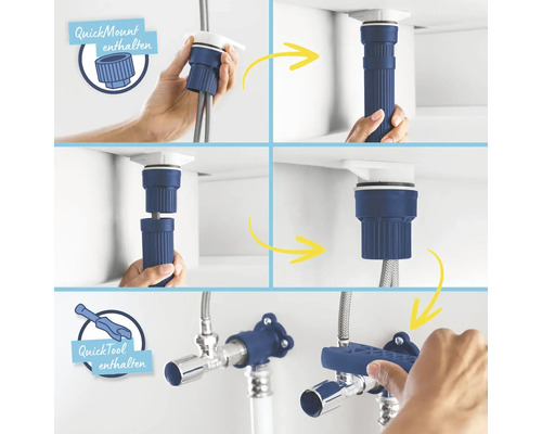 Montage eines Siphons unter einem Waschbecken mit QuickMount und QuickTool