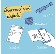 Darstellung von Schnellmontage-Produkten mit Werkzeug, Montage, Anleitung und Video