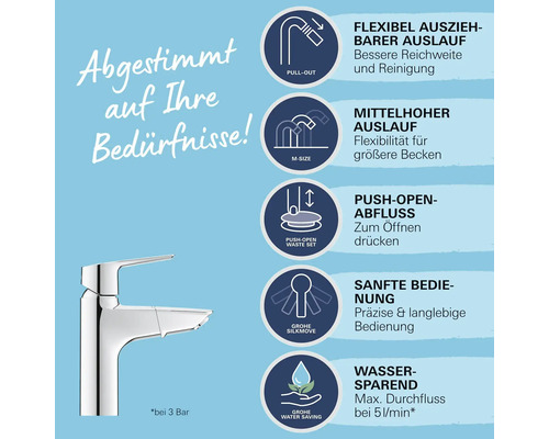 Produktbild einer Armatur mit Hinweisen zu Auslauf, Wassersparfunktion und Bedienung.