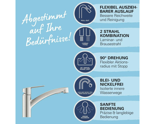 Produktmerkmale einer Küchenarmatur: flexibler Auslauf, zwei Strahlarten, 90 Grad Drehung, blei- und nickelfreie Wasserwege, sanfte Bedienung