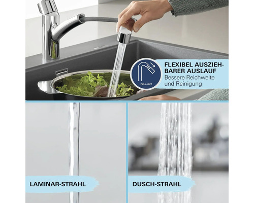 Küchenarmatur mit ausziehbarer Geschirrbrause und zwei Strahlarten