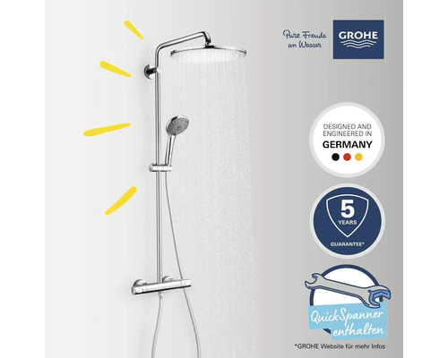 Duschsystem mit Kopf- und Handbrause aus Metall mit Thermostatarmatur und Hinweisen auf Deutsche Entwicklung und 5 Jahre Garantie sowie Quick Spanner