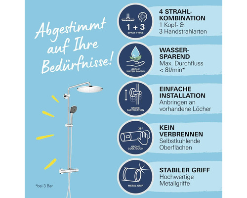 Duschsystem mit Kopf- und Handbrause und den Hinweisen: vier Strahlarten, wassersparend, einfache Installation, kein Verbrennen, stabiler Griff