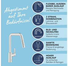Küchenarmatur mit ausziehbarem Auslauf, zwei Strahlarten, blei- und nickelfreien Wasserwegen, leichtgängiger Bedienung und hohem Auslauf