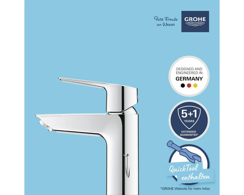 Glänzender Wasserhahn mit Grohe Logo, Hinweis auf Herstellung in Deutschland, sechs Jahre Garantie und inklusivem QuickTool