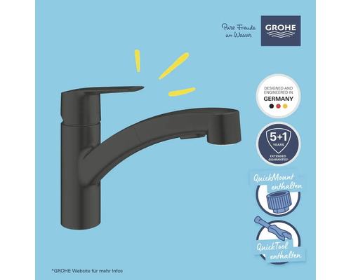 Schwarze Küchenarmatur mit Grohe Logo, Hinweise auf Qualitätssiegel und Montagehilfen