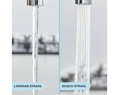 Wasserhahn mit Laminarstrahl und Duschstrahl im Vergleich