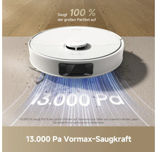 Weißer Saugroboter mit 13000 Pa Vormax-Saugkraft in Aktion.