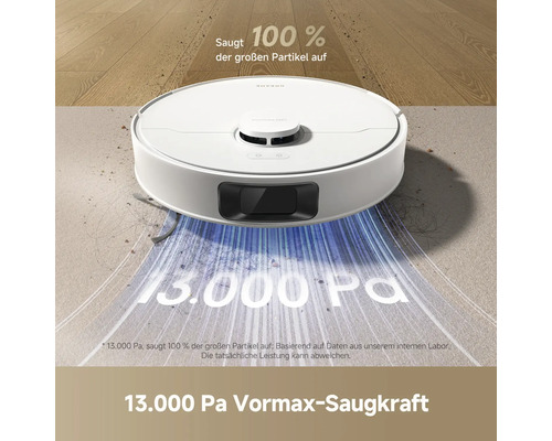 Weißer Saugroboter mit 13000 Pa Vormax-Saugkraft in Aktion.