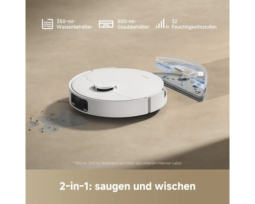 Saugroboter mit 350 ml Wasserbehälter, 500 ml Staubbehälter und 32 Feuchtigkeitsstufen