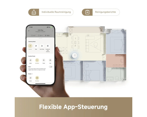 Smartphone mit App zur Steuerung eines Staubsaugerroboters und Grundrissansicht