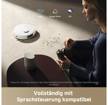 Szene mit einem Saugroboter, Alexa Logo, Google Home Logo und Siri Logo, die die Sprachsteuerungskompatibilität hervorheben