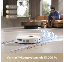 Saugroboter reinigt das Wohnzimmer mit einem Saugkraftsystem von 13.000 Pa.
