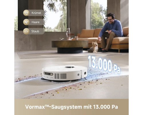 Saugroboter reinigt das Wohnzimmer mit einem Saugkraftsystem von 13.000 Pa.