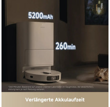 Weißer Saugroboter mit Ladestation und 5200 mAh Akku für bis zu 260 Minuten Laufzeit.