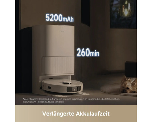 Weißer Saugroboter mit Ladestation und 5200 mAh Akku für bis zu 260 Minuten Laufzeit.
