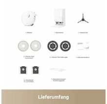 Lieferumfang: Ein Roboter, eine Basisstation, eine Seitenbürste, zwei Wischer-Pads, zwei Wischer-Pad-Halterungen, ein Benutzerhandbuch, zwei Staubbeutel und eine Basisstationsrampen-Erweiterungsplatte.
