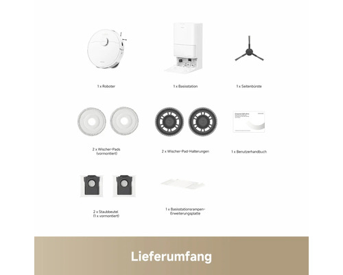 Lieferumfang: Ein Roboter, eine Basisstation, eine Seitenbürste, zwei Wischer-Pads, zwei Wischer-Pad-Halterungen, ein Benutzerhandbuch, zwei Staubbeutel und eine Basisstationsrampen-Erweiterungsplatte.