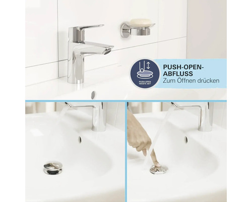 Waschbecken mit Armatur, Seifenschale und Push-Open-Ablaufgarnitur in Funktion