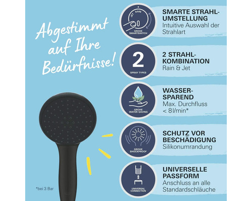 Brausekopf mit zwei Strahlarten, Wassersparfunktion und Silikonumrandung