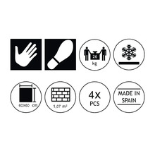 Piktogramme und Symbole für Produkteigenschaften: Handberührung, Trittsicherheit, Gewicht 26 kg, Frostbeständigkeit, Fliesengröße 60x60 cm, Flächenmaß 1,07 m², 4 Stück pro Packung, Hergestellt in Spanien