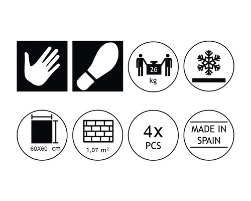 Piktogramme und Symbole für Produkteigenschaften: Handberührung, Trittsicherheit, Gewicht 26 kg, Frostbeständigkeit, Fliesengröße 60x60 cm, Flächenmaß 1,07 m², 4 Stück pro Packung, Hergestellt in Spanien