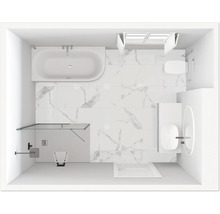 Draufsicht eines Badezimmers mit Badewanne, Duschbereich, Waschbecken und Toilette.