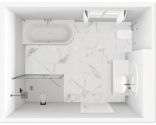 Draufsicht eines Badezimmers mit Badewanne, Duschbereich, Waschbecken und Toilette.