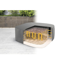 Querschnitt einer aufblasbaren Whirlpool-Abdeckung mit Wärmerückhaltung durch Pfeile dargestellt