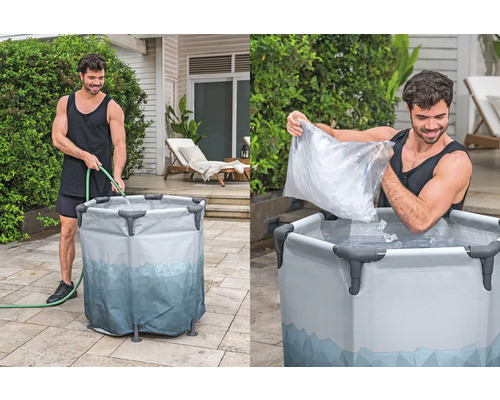 Mann befüllt ein Eisbad mit Wasser und Eiswürfeln im Freien