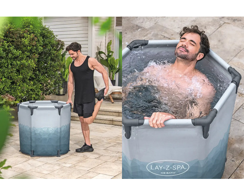 Lay-Z-Spa Eisbad mit Person beim Aufwärmen und Person im Eisbad
