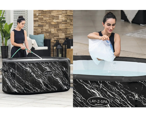 Frau befüllt Lay-Z-Spa Ice Bath mit Wasser und Eiswürfeln