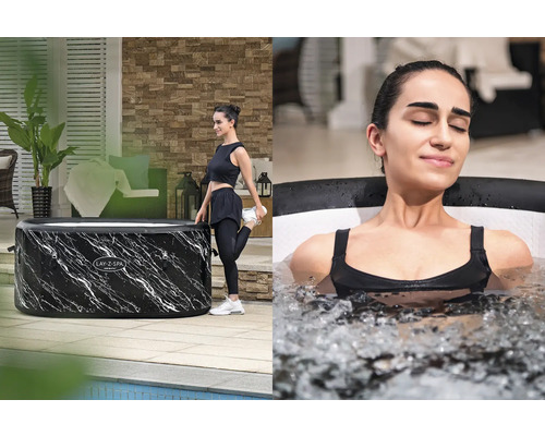 Lay-Z-Spa Ice Bath mit Frau beim Dehnen und Frau im Eisbad