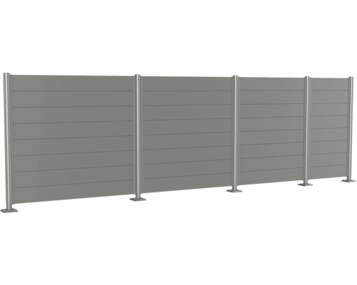Grauer Sichtschutzzaun aus horizontalen Lamellen und Metallpfosten
