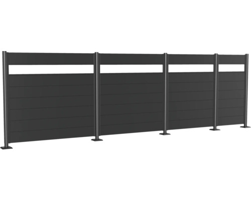 Dunkelgrauer Sichtschutzzaun mit horizontalen Lamellen und Pfosten