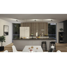 Moderne Küche mit Kücheninsel, Esstisch und Schienensystem mit Strahlern