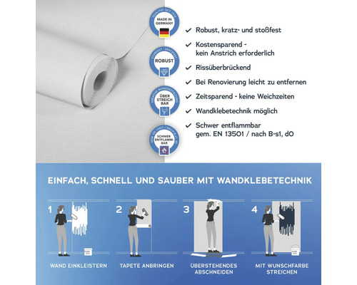 Rollenvlies Tapete mit Hinweisen zur Verarbeitung und Produkteigenschaften