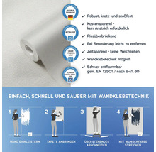 Weiße Tapetenrolle mit Anwendungsanleitung und Qualitätsmerkmalen
