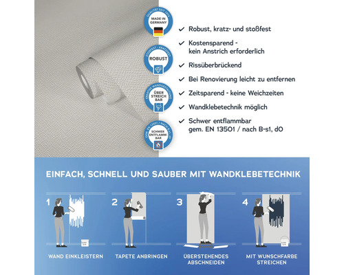 Informationen zur Wandklebetechnik und Eigenschaften einer Tapete, inklusive Hinweis auf die Herstellung in Deutschland.