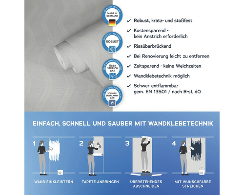 Tapete mit Hinweisen zu Eigenschaften und Verarbeitung