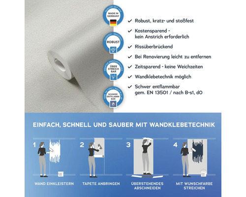 Rolle überstreichbare Vliestapete mit Produkteigenschaften und Verarbeitungshinweisen