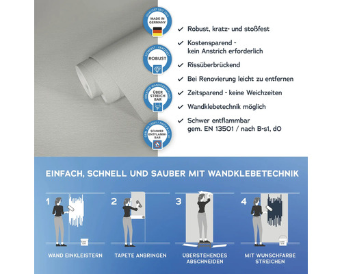 Rolle Tapete mit Produkteigenschaften und Anwendungsanleitung für Wandklebetechnik