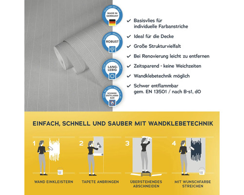 Tapetenrolle mit Hinweisen zu Eigenschaften und Verarbeitung
