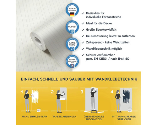 Rolle überstreichbare Vliestapete mit Produkteigenschaften und Verarbeitungsanleitung