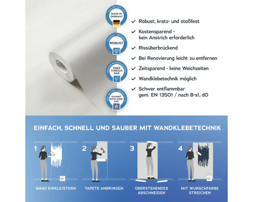 Rolle überstreichbare Vliestapete mit Hinweisen zu Eigenschaften und Verarbeitung
