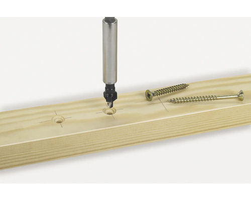 Holzbrett mit Senker und Schrauben.